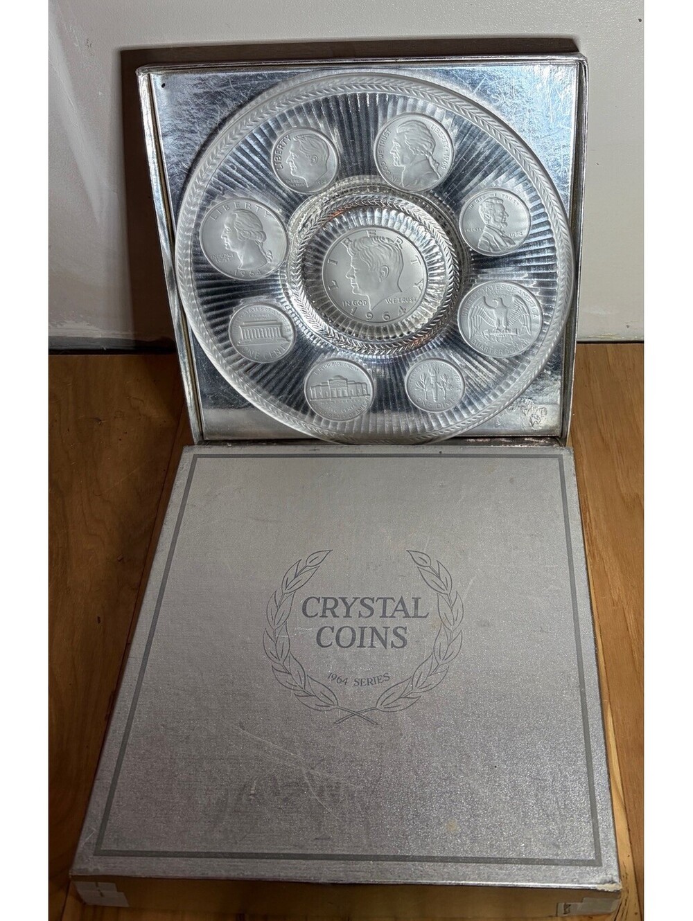Vtg Imperial Glass CRYSTAL COIN Plate 1964 Embossed Tribute Kennedy Half Dollar